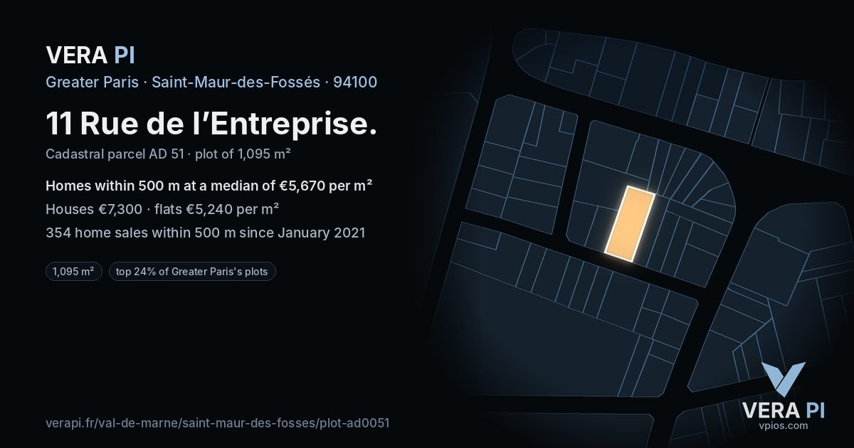11 Rue de l’Entreprise, Saint-Maur-des-Fossés at night – the plot lit, the parcels around coloured by the prices near them