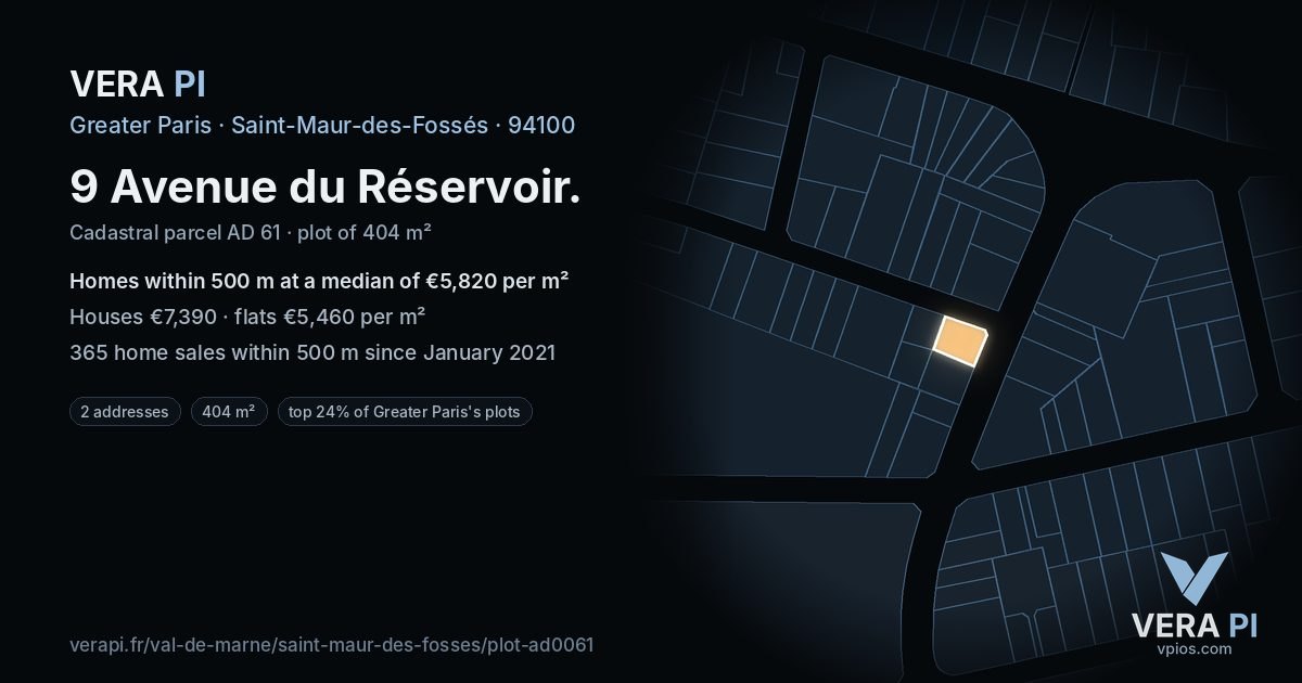 9 Avenue du Réservoir, Saint-Maur-des-Fossés at night – the plot lit, the parcels around coloured by the prices near them