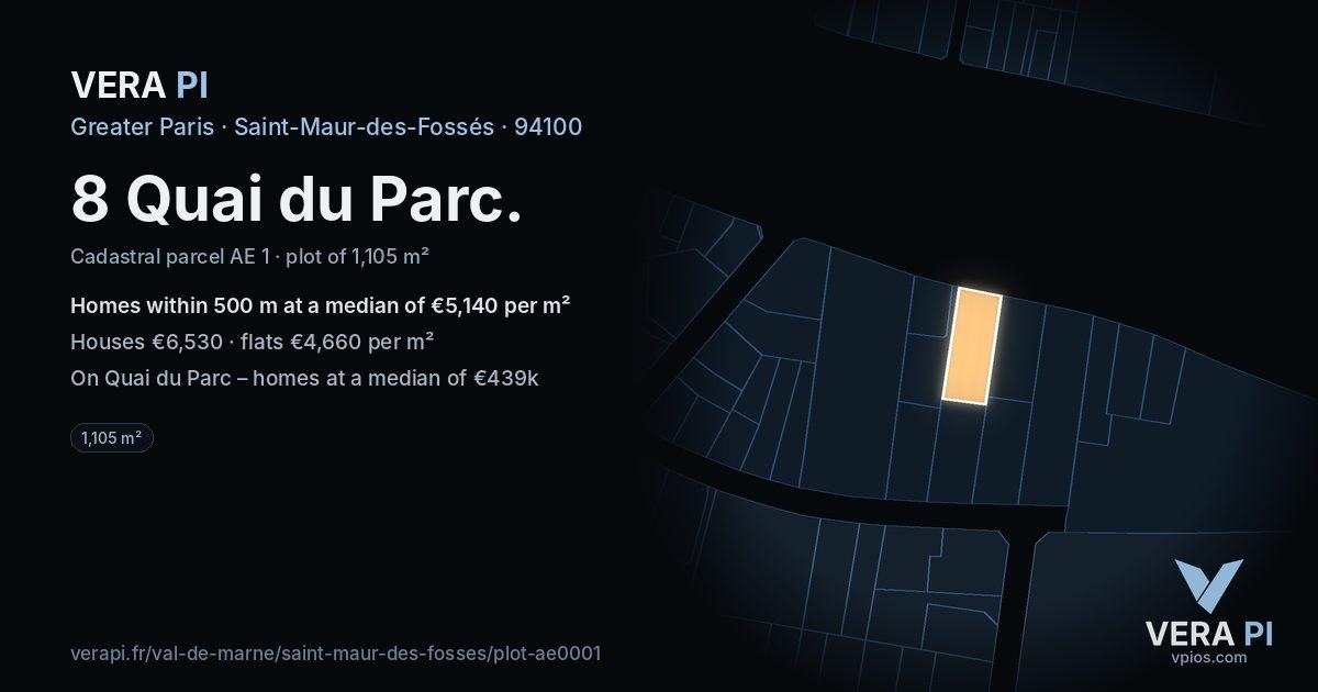 8 Quai du Parc, Saint-Maur-des-Fossés at night – the plot lit, the parcels around coloured by the prices near them