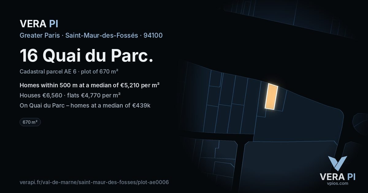 16 Quai du Parc, Saint-Maur-des-Fossés at night – the plot lit, the parcels around coloured by the prices near them