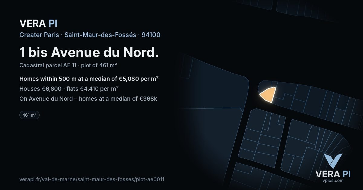 1 bis Avenue du Nord, Saint-Maur-des-Fossés at night – the plot lit, the parcels around coloured by the prices near them
