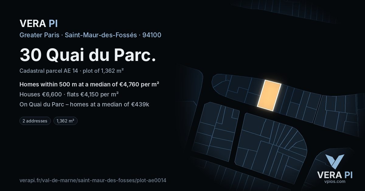 30 Quai du Parc, Saint-Maur-des-Fossés at night – the plot lit, the parcels around coloured by the prices near them