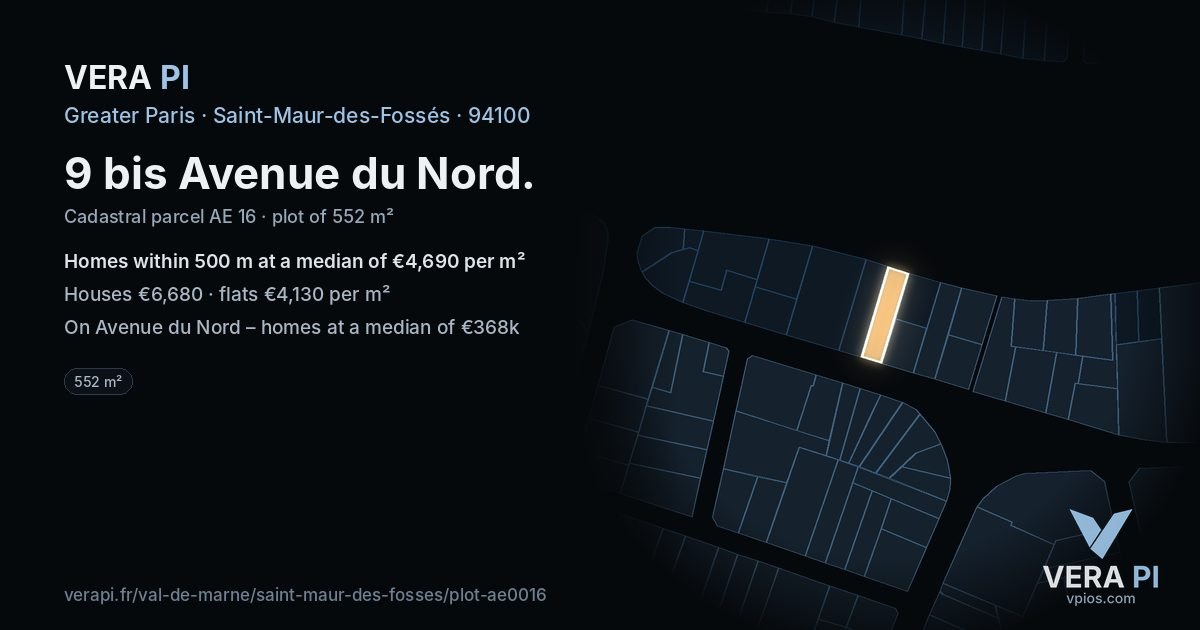 9 bis Avenue du Nord, Saint-Maur-des-Fossés at night – the plot lit, the parcels around coloured by the prices near them