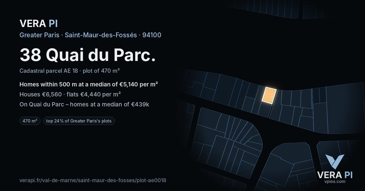 38 Quai du Parc, Saint-Maur-des-Fossés at night – the plot lit, the parcels around coloured by the prices near them