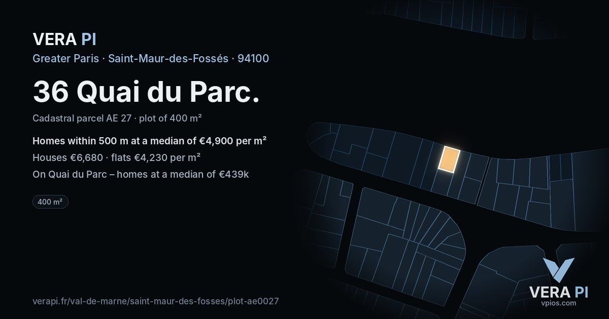 36 Quai du Parc, Saint-Maur-des-Fossés at night – the plot lit, the parcels around coloured by the prices near them