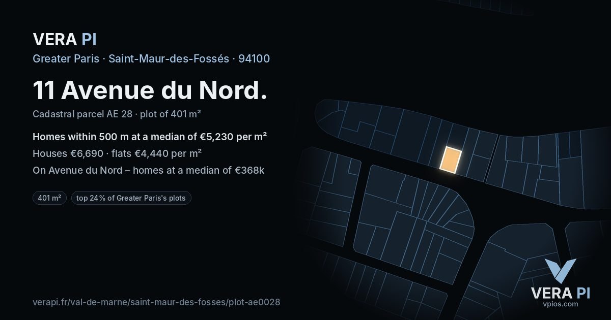11 Avenue du Nord, Saint-Maur-des-Fossés at night – the plot lit, the parcels around coloured by the prices near them