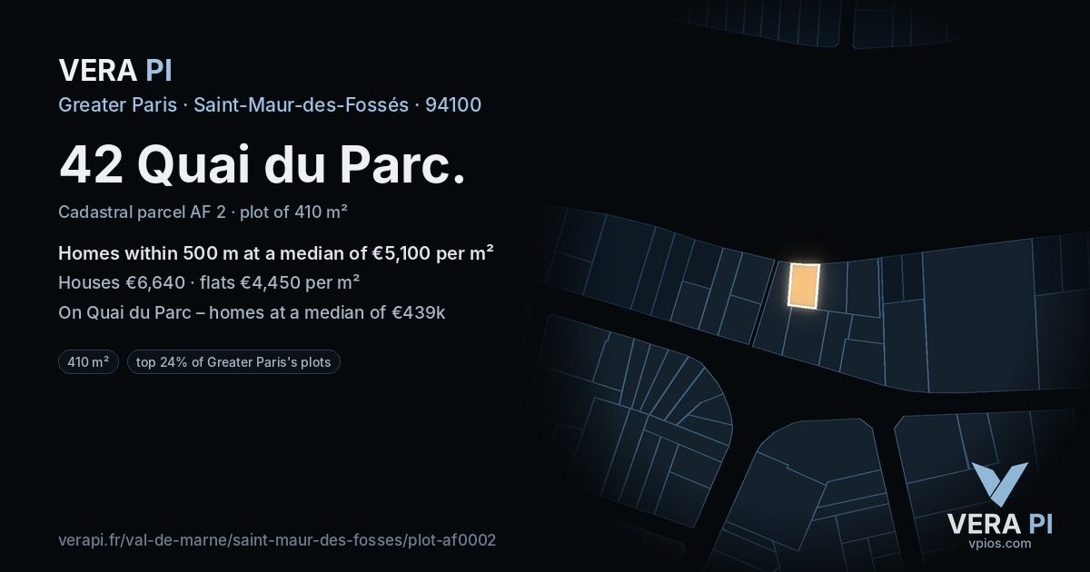 42 Quai du Parc, Saint-Maur-des-Fossés at night – the plot lit, the parcels around coloured by the prices near them