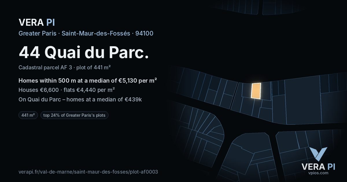 44 Quai du Parc, Saint-Maur-des-Fossés at night – the plot lit, the parcels around coloured by the prices near them