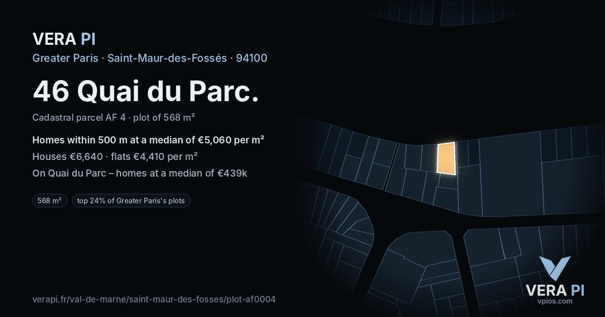 46 Quai du Parc, Saint-Maur-des-Fossés at night – the plot lit, the parcels around coloured by the prices near them