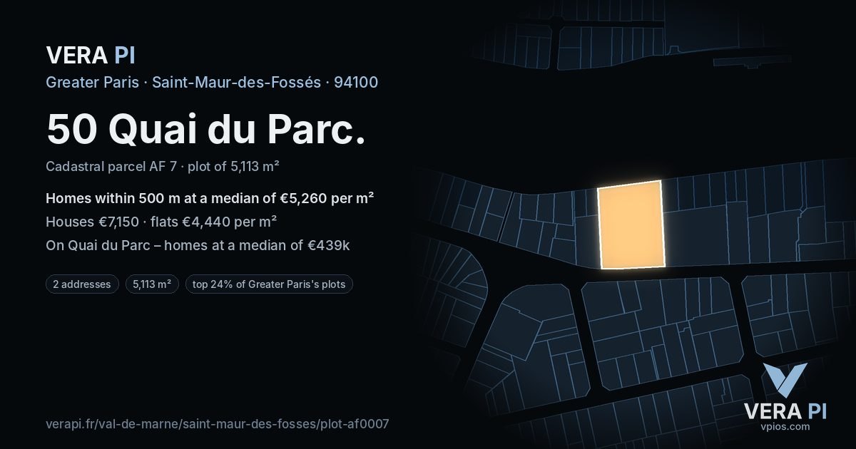 50 Quai du Parc, Saint-Maur-des-Fossés at night – the plot lit, the parcels around coloured by the prices near them