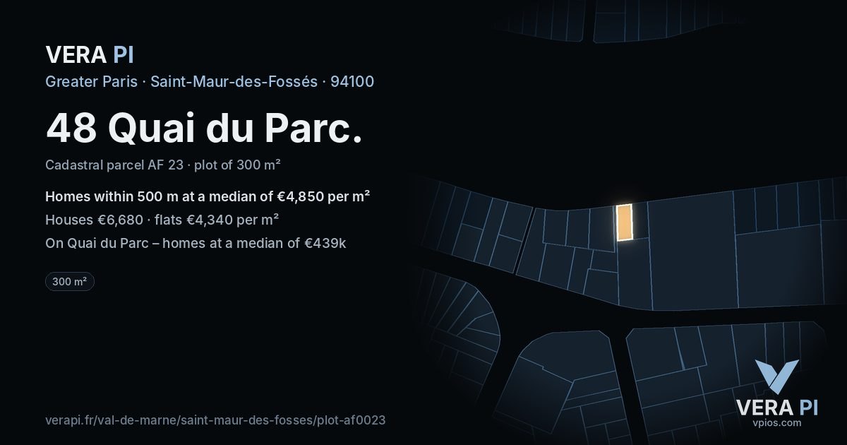48 Quai du Parc, Saint-Maur-des-Fossés at night – the plot lit, the parcels around coloured by the prices near them