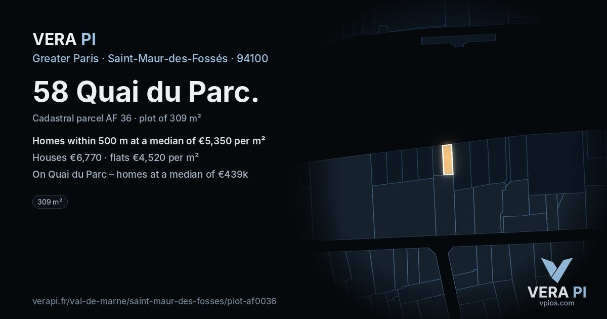 58 Quai du Parc, Saint-Maur-des-Fossés at night – the plot lit, the parcels around coloured by the prices near them