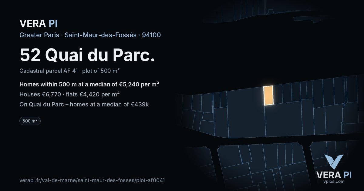 52 Quai du Parc, Saint-Maur-des-Fossés at night – the plot lit, the parcels around coloured by the prices near them