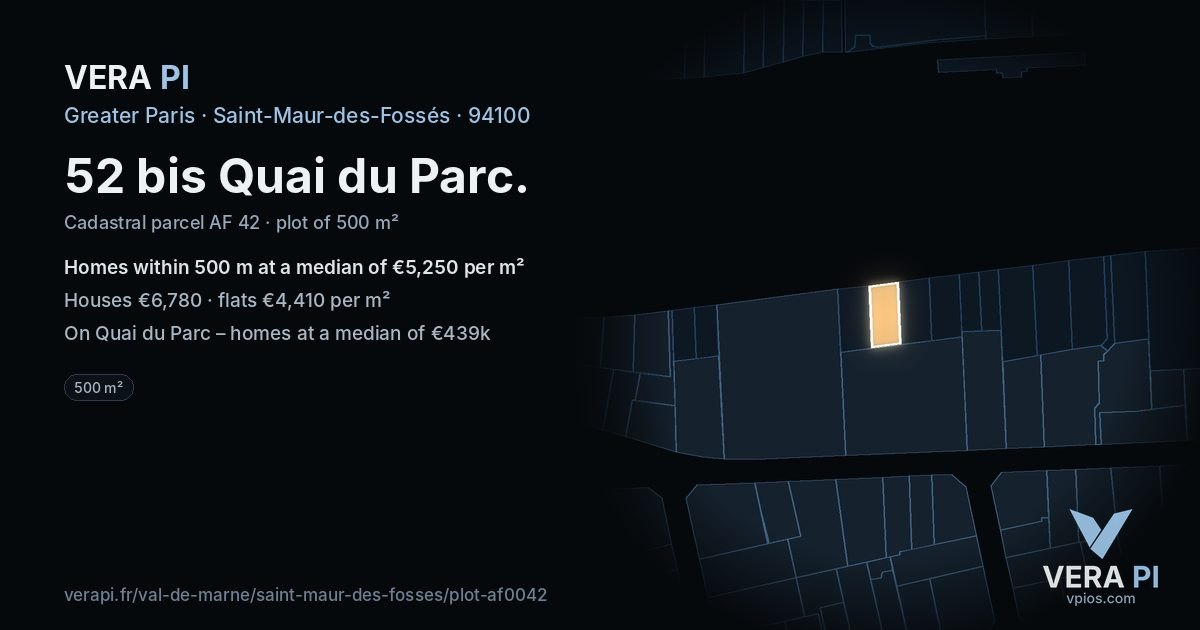 52 bis Quai du Parc, Saint-Maur-des-Fossés at night – the plot lit, the parcels around coloured by the prices near them