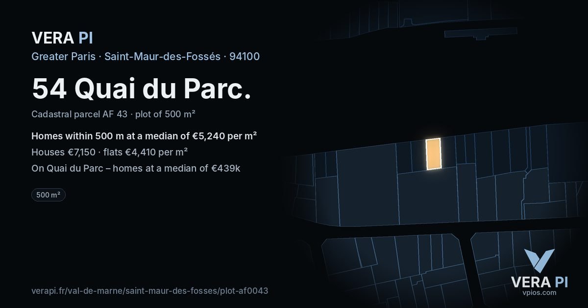 54 Quai du Parc, Saint-Maur-des-Fossés at night – the plot lit, the parcels around coloured by the prices near them