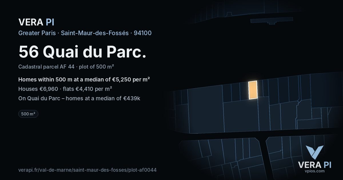 56 Quai du Parc, Saint-Maur-des-Fossés at night – the plot lit, the parcels around coloured by the prices near them
