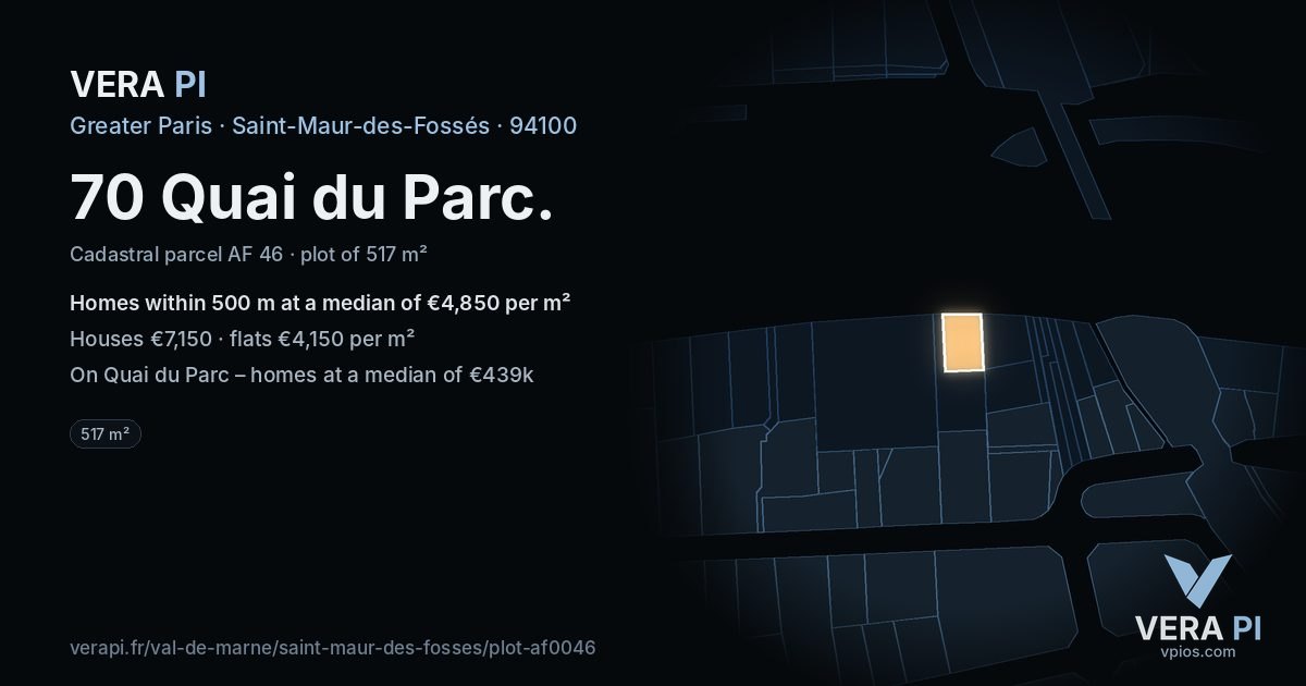 70 Quai du Parc, Saint-Maur-des-Fossés at night – the plot lit, the parcels around coloured by the prices near them