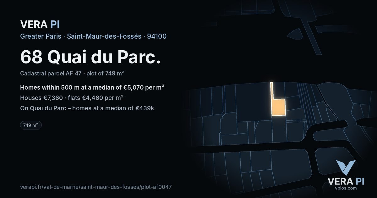 68 Quai du Parc, Saint-Maur-des-Fossés at night – the plot lit, the parcels around coloured by the prices near them