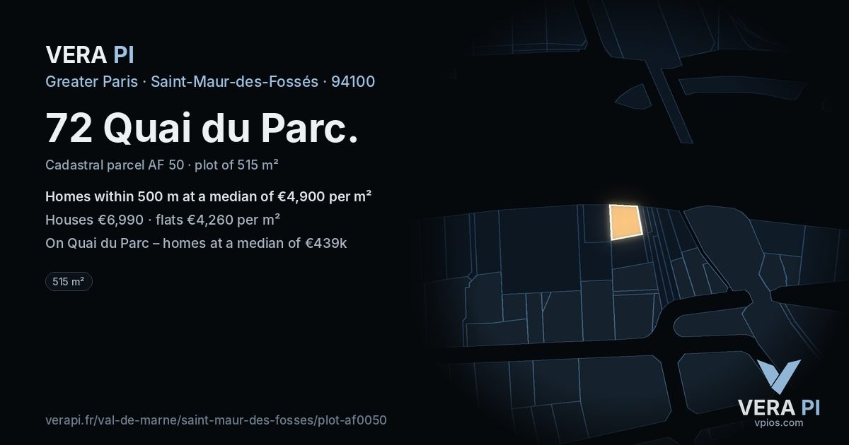 72 Quai du Parc, Saint-Maur-des-Fossés at night – the plot lit, the parcels around coloured by the prices near them