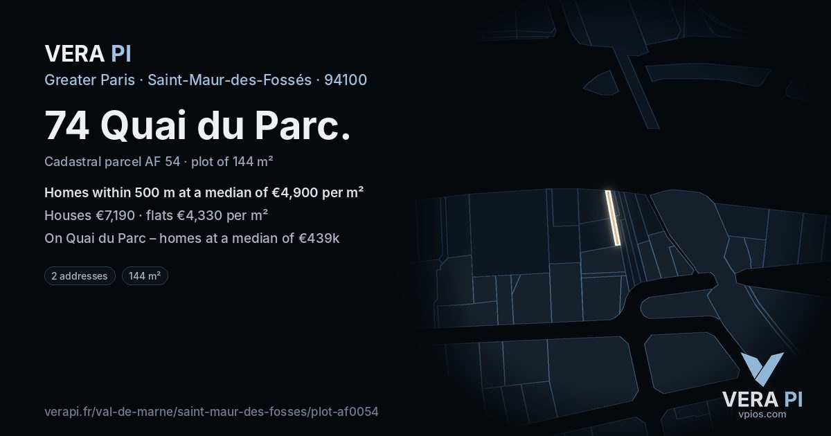 74 Quai du Parc, Saint-Maur-des-Fossés at night – the plot lit, the parcels around coloured by the prices near them