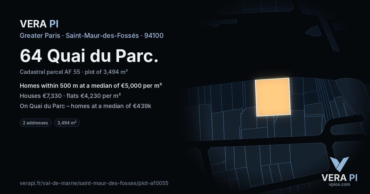 64 Quai du Parc, Saint-Maur-des-Fossés at night – the plot lit, the parcels around coloured by the prices near them