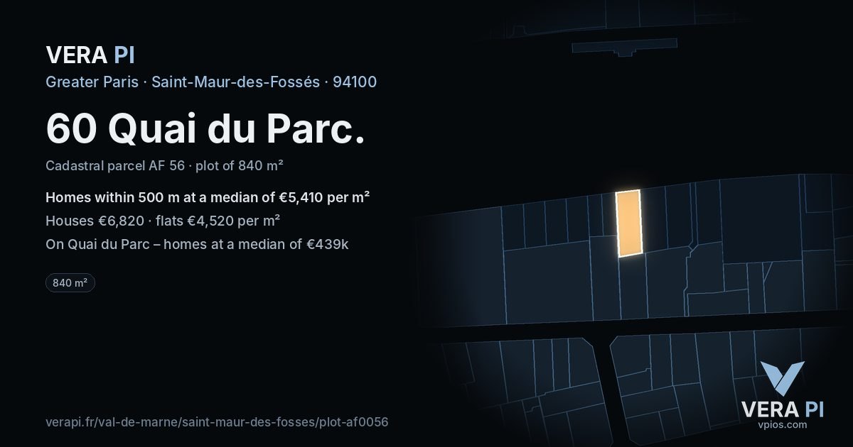 60 Quai du Parc, Saint-Maur-des-Fossés at night – the plot lit, the parcels around coloured by the prices near them