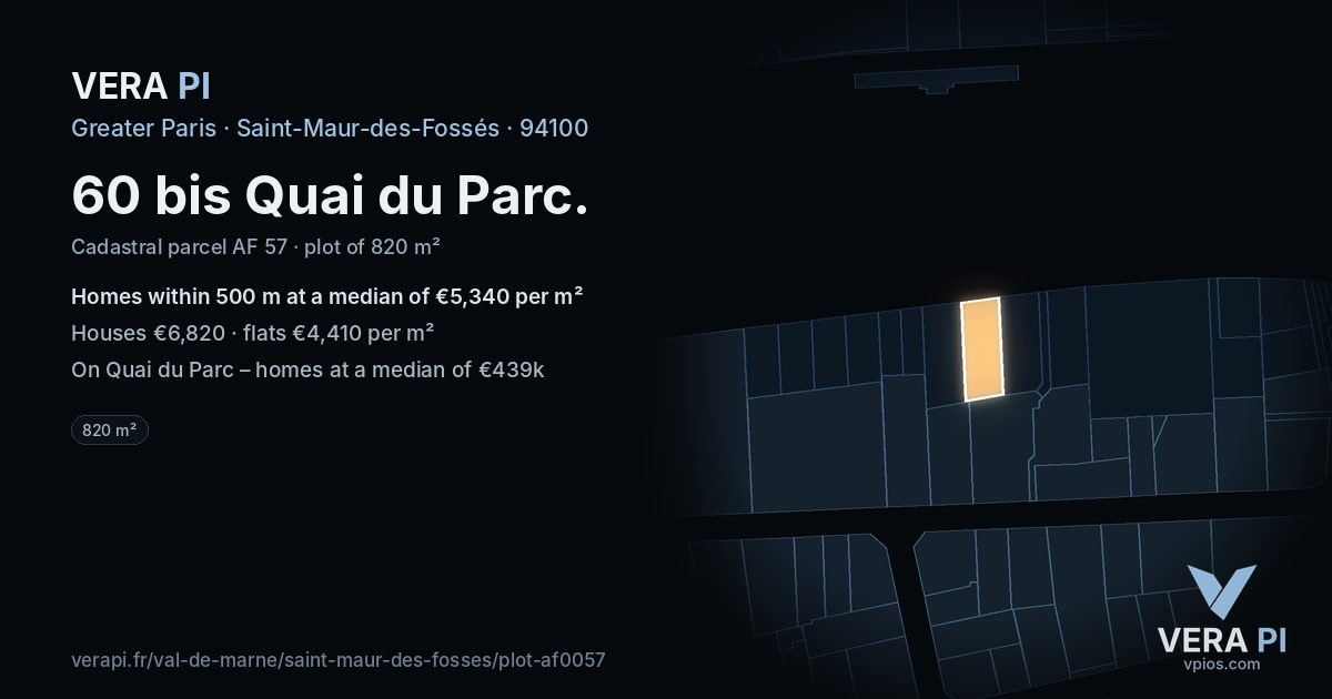 60 bis Quai du Parc, Saint-Maur-des-Fossés at night – the plot lit, the parcels around coloured by the prices near them