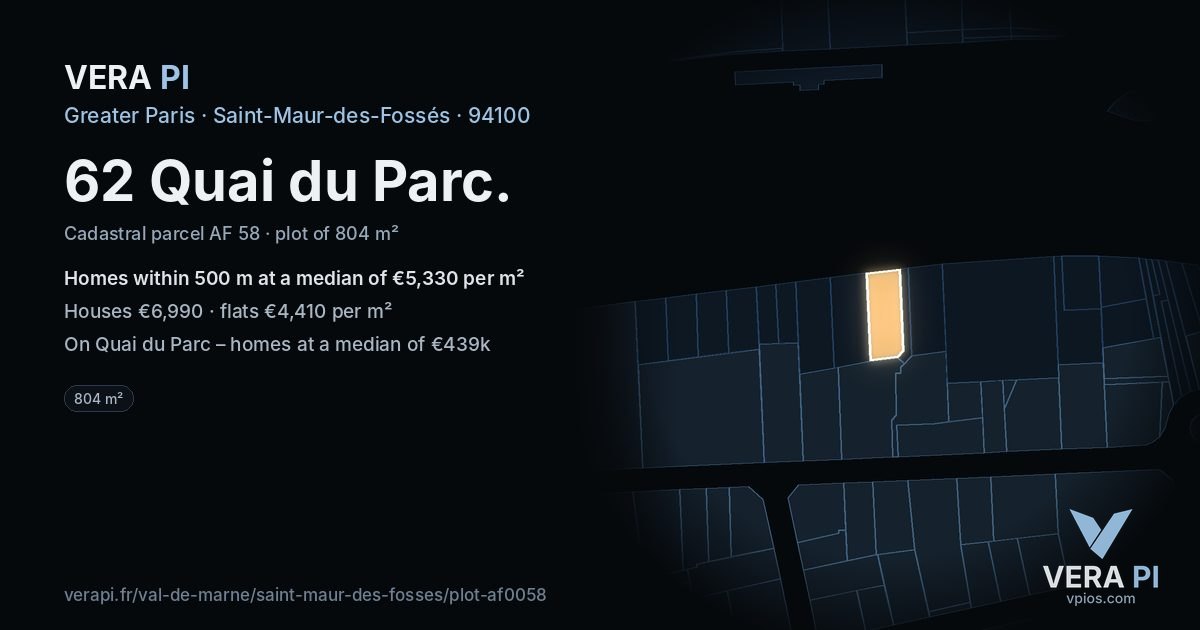 62 Quai du Parc, Saint-Maur-des-Fossés at night – the plot lit, the parcels around coloured by the prices near them