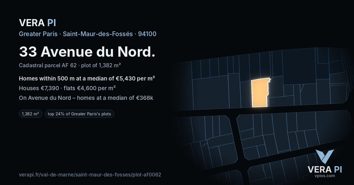 33 Avenue du Nord, Saint-Maur-des-Fossés at night – the plot lit, the parcels around coloured by the prices near them