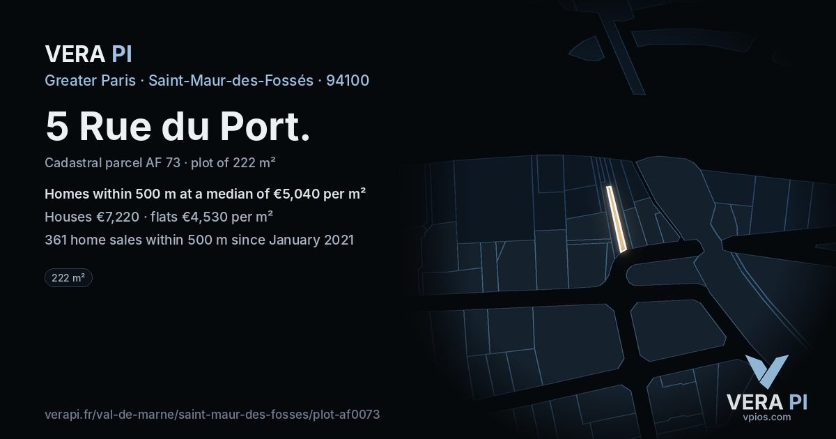 5 Rue du Port, Saint-Maur-des-Fossés at night – the plot lit, the parcels around coloured by the prices near them