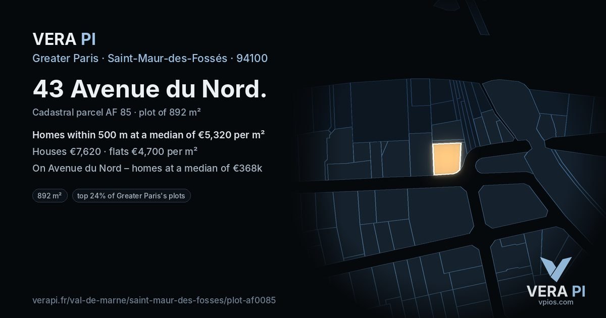 43 Avenue du Nord, Saint-Maur-des-Fossés at night – the plot lit, the parcels around coloured by the prices near them