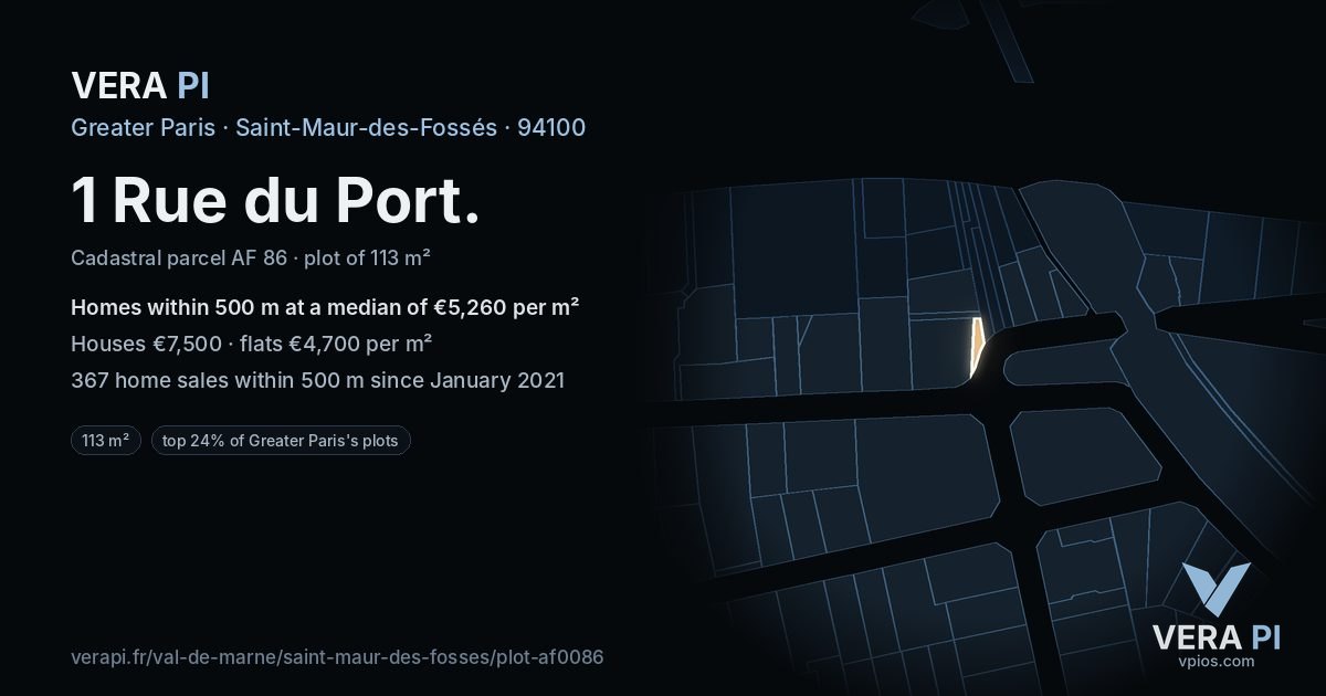 1 Rue du Port, Saint-Maur-des-Fossés at night – the plot lit, the parcels around coloured by the prices near them