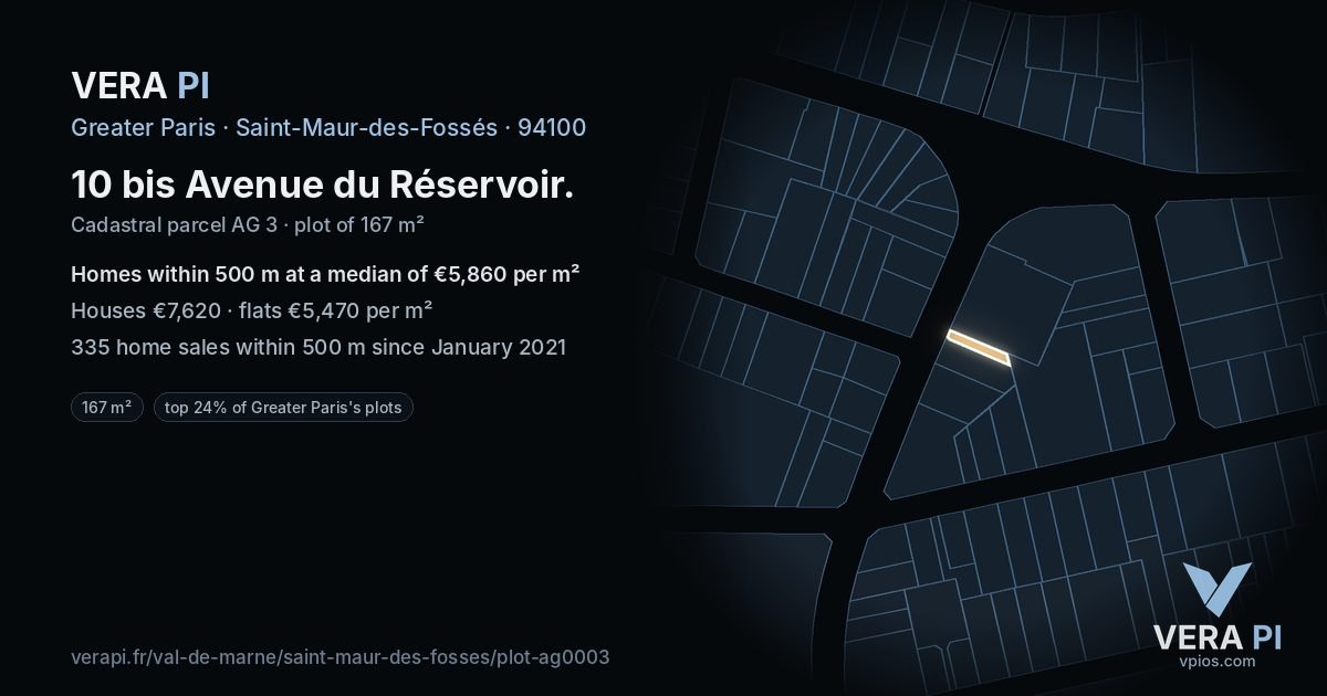 10 bis Avenue du Réservoir, Saint-Maur-des-Fossés at night – the plot lit, the parcels around coloured by the prices near them
