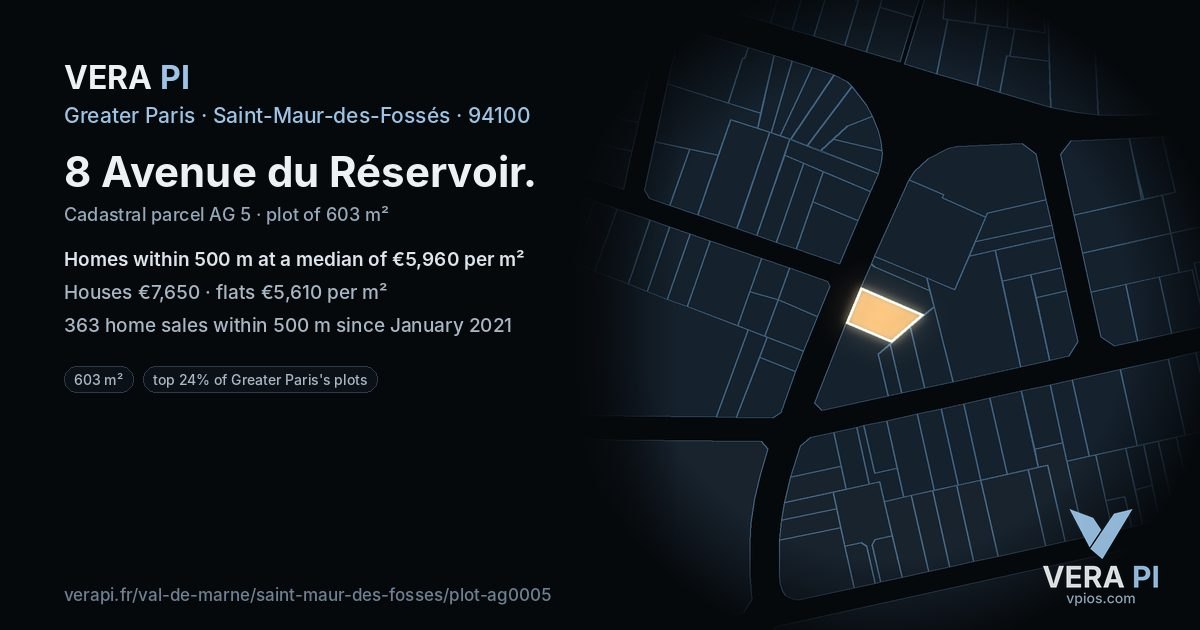 8 Avenue du Réservoir, Saint-Maur-des-Fossés at night – the plot lit, the parcels around coloured by the prices near them