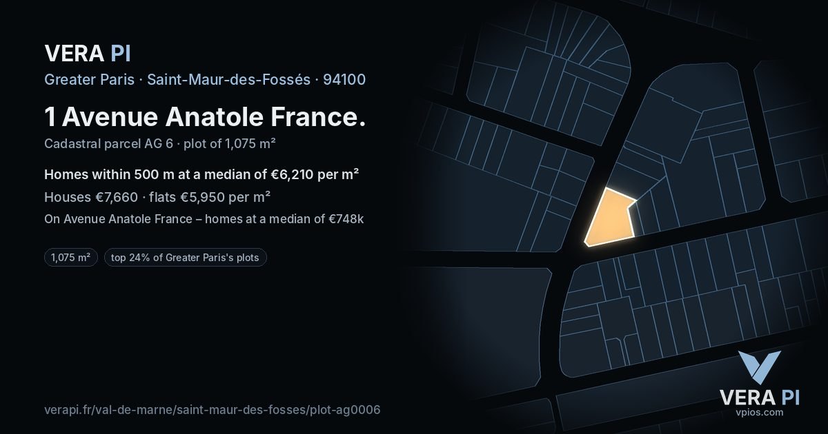 1 Avenue Anatole France, Saint-Maur-des-Fossés at night – the plot lit, the parcels around coloured by the prices near them