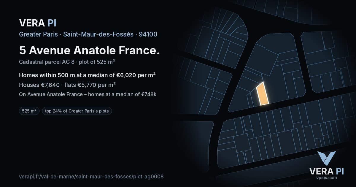 5 Avenue Anatole France, Saint-Maur-des-Fossés at night – the plot lit, the parcels around coloured by the prices near them