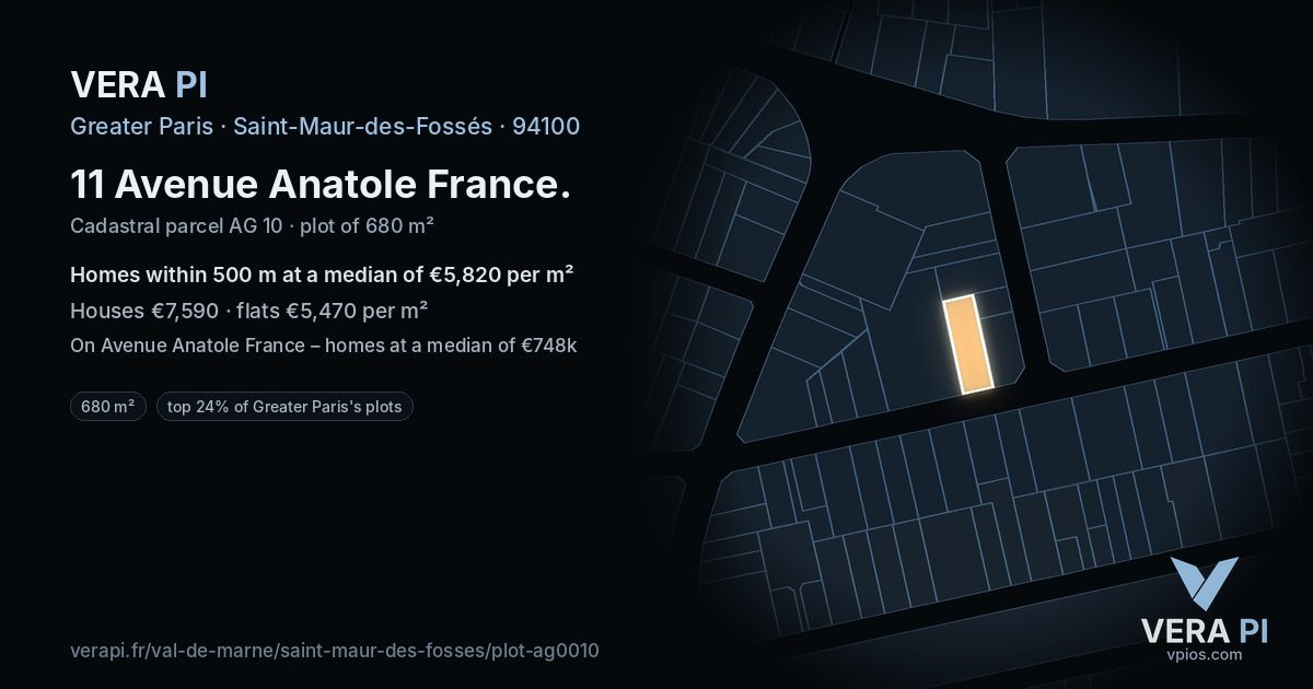 11 Avenue Anatole France, Saint-Maur-des-Fossés at night – the plot lit, the parcels around coloured by the prices near them