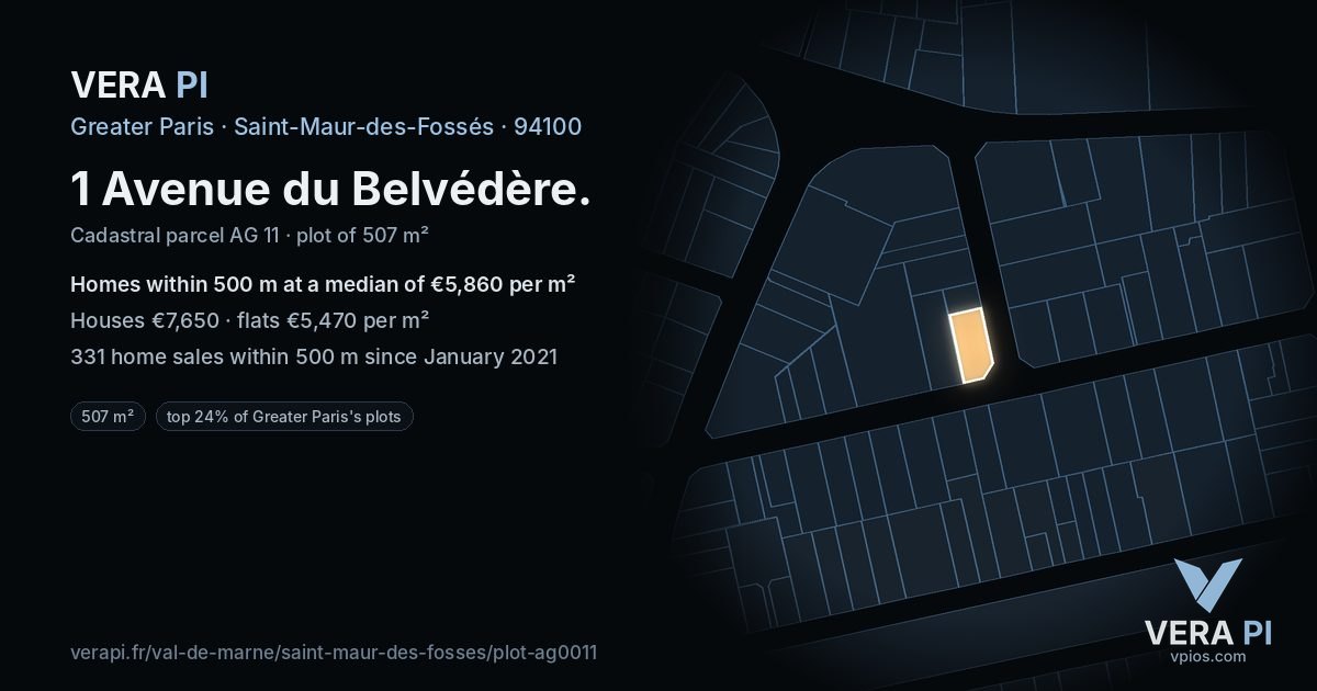 1 Avenue du Belvédère, Saint-Maur-des-Fossés at night – the plot lit, the parcels around coloured by the prices near them