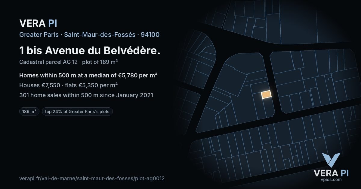 1 bis Avenue du Belvédère, Saint-Maur-des-Fossés at night – the plot lit, the parcels around coloured by the prices near them