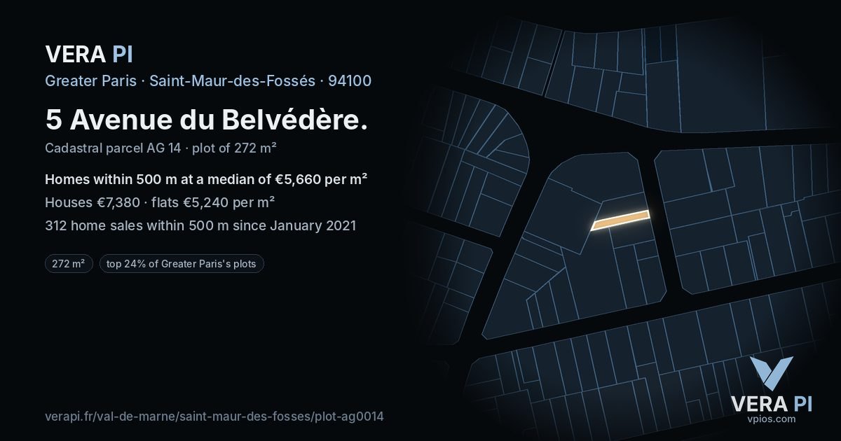 5 Avenue du Belvédère, Saint-Maur-des-Fossés at night – the plot lit, the parcels around coloured by the prices near them