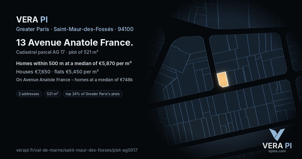 13 Avenue Anatole France, Saint-Maur-des-Fossés at night – the plot lit, the parcels around coloured by the prices near them