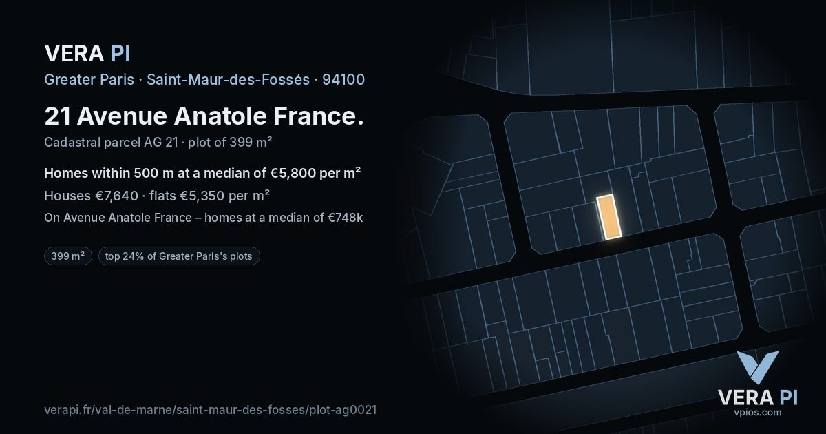 21 Avenue Anatole France, Saint-Maur-des-Fossés at night – the plot lit, the parcels around coloured by the prices near them