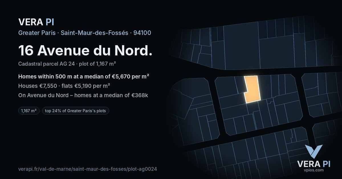 16 Avenue du Nord, Saint-Maur-des-Fossés at night – the plot lit, the parcels around coloured by the prices near them