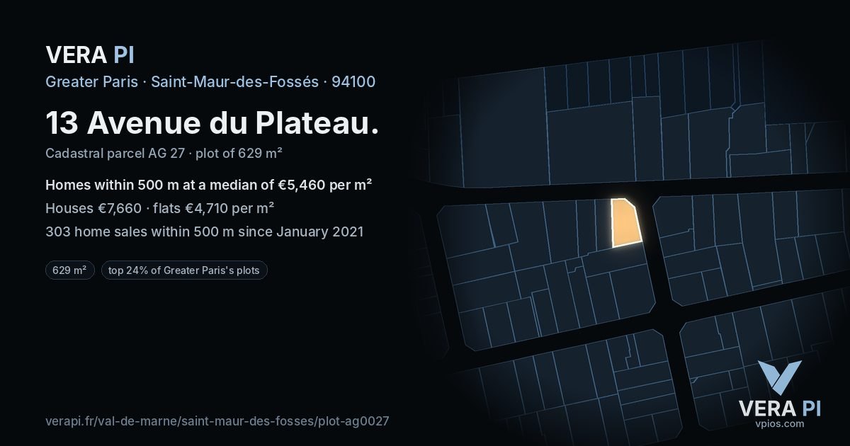 13 Avenue du Plateau, Saint-Maur-des-Fossés at night – the plot lit, the parcels around coloured by the prices near them