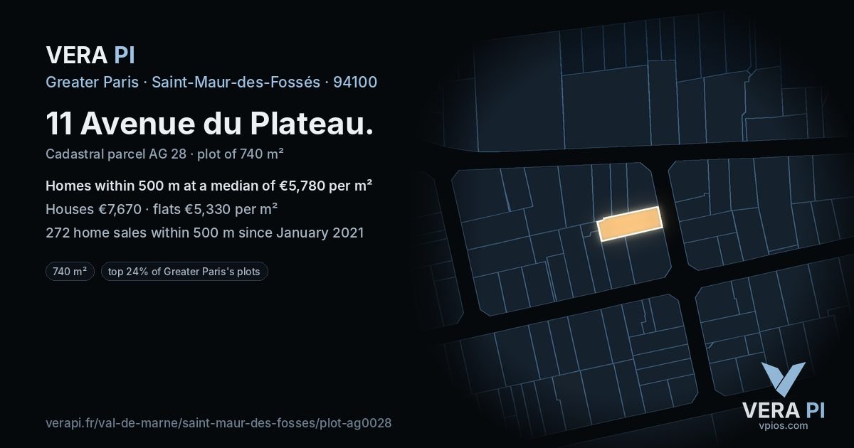11 Avenue du Plateau, Saint-Maur-des-Fossés at night – the plot lit, the parcels around coloured by the prices near them