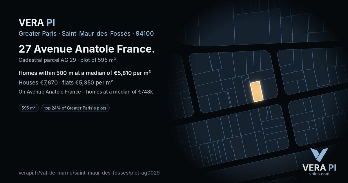 27 Avenue Anatole France, Saint-Maur-des-Fossés at night – the plot lit, the parcels around coloured by the prices near them