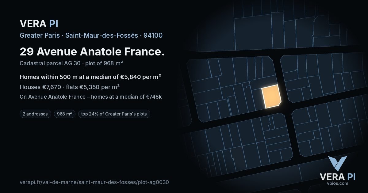 29 Avenue Anatole France, Saint-Maur-des-Fossés at night – the plot lit, the parcels around coloured by the prices near them