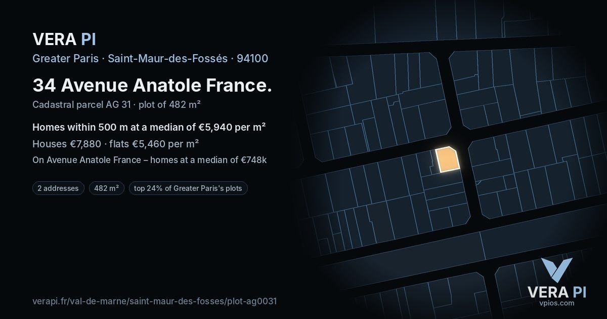 34 Avenue Anatole France, Saint-Maur-des-Fossés at night – the plot lit, the parcels around coloured by the prices near them