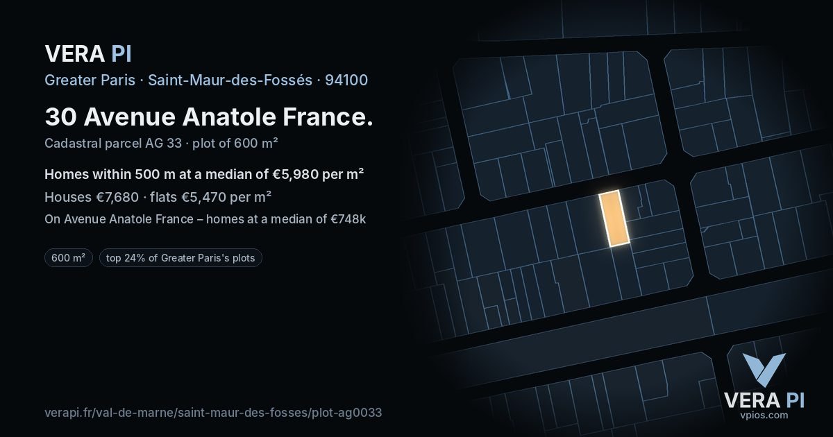 30 Avenue Anatole France, Saint-Maur-des-Fossés at night – the plot lit, the parcels around coloured by the prices near them