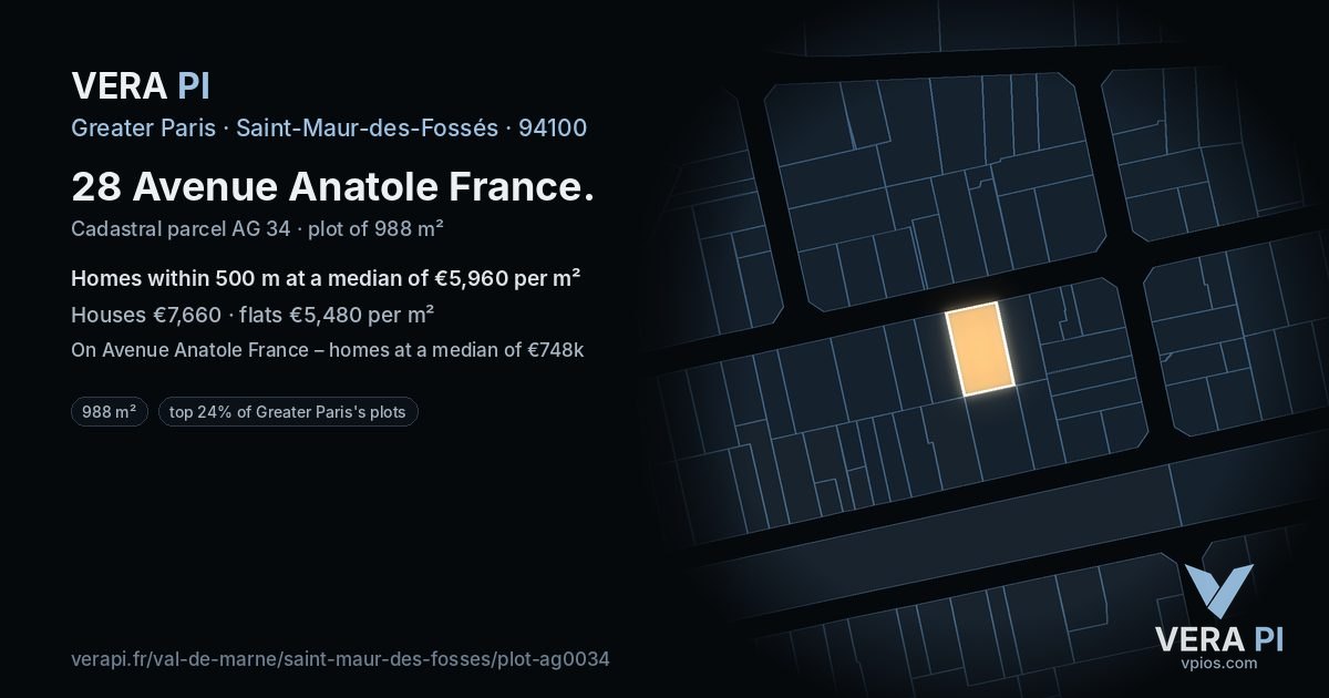 28 Avenue Anatole France, Saint-Maur-des-Fossés at night – the plot lit, the parcels around coloured by the prices near them